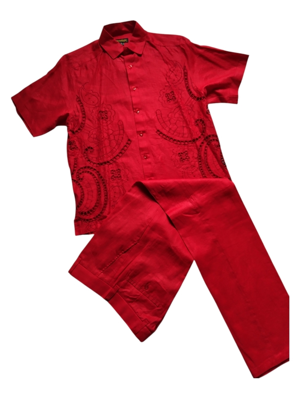 NWT Prestige Original Men’s 2PC Linen Set Red Embroidered Designer Outfit Size M